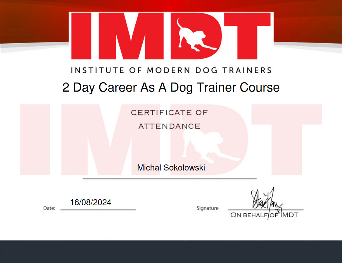 2 Day Career as a Dog Trainer Course Certificate for Michael Sokolowski